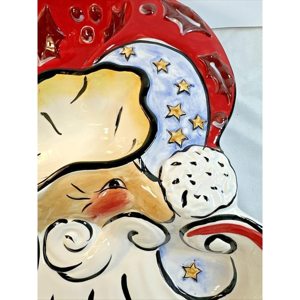 Vtg Clay Art Ceramic Merry Santa Divided 3-Section Chip & Dip Christmas Patter